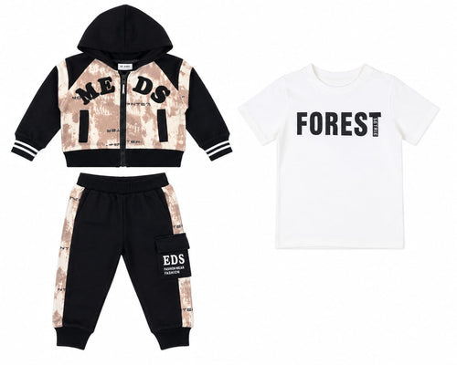 Trendy Boys’ Black & Beige Hooded Tracksuit Set