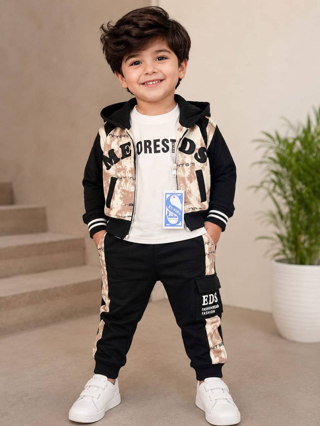 Trendy Boys’ Black & Beige Hooded Tracksuit Set