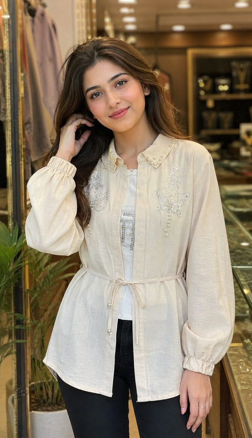Girls Embellished Cream Waist-Tie Top