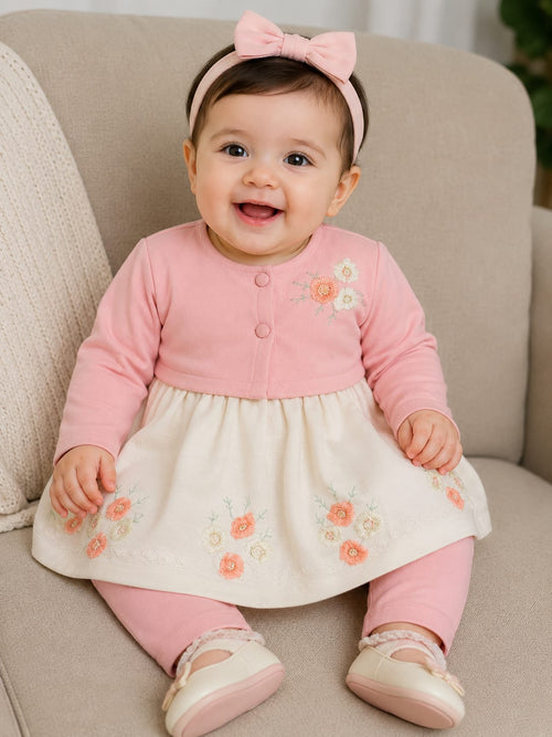 Baby Girls Pink & Cream Floral Embroidered Dress Set with Headband