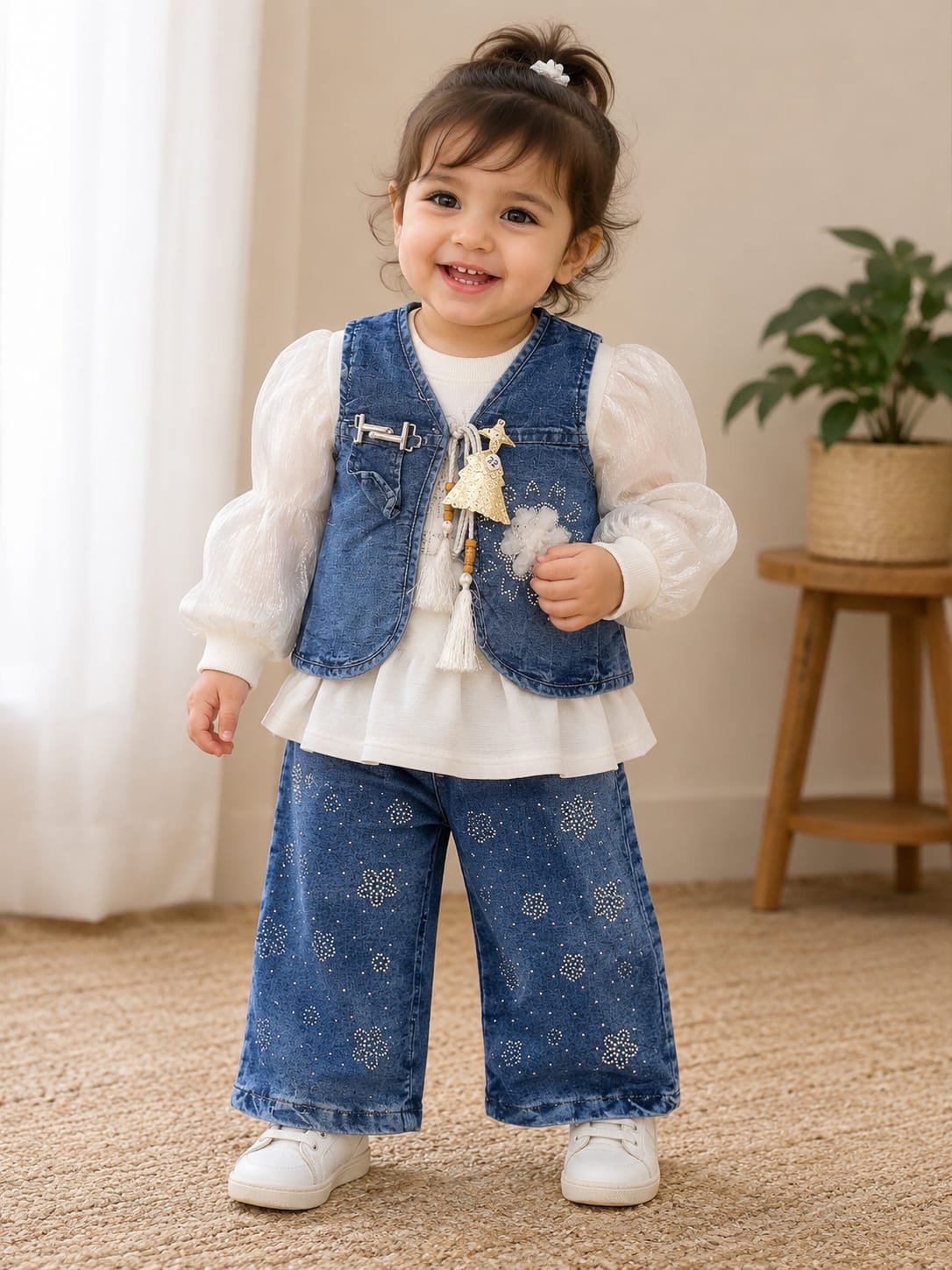 Girls Denim 3-Piece Embroidered Co-Ord Set with White Top