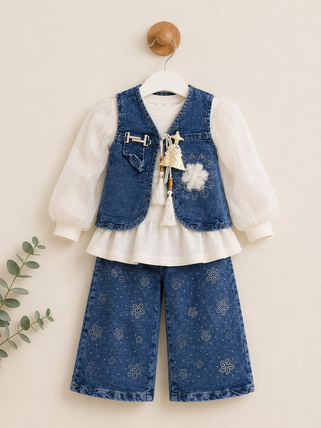 Girls Denim 3-Piece Embroidered Co-Ord Set with White Top