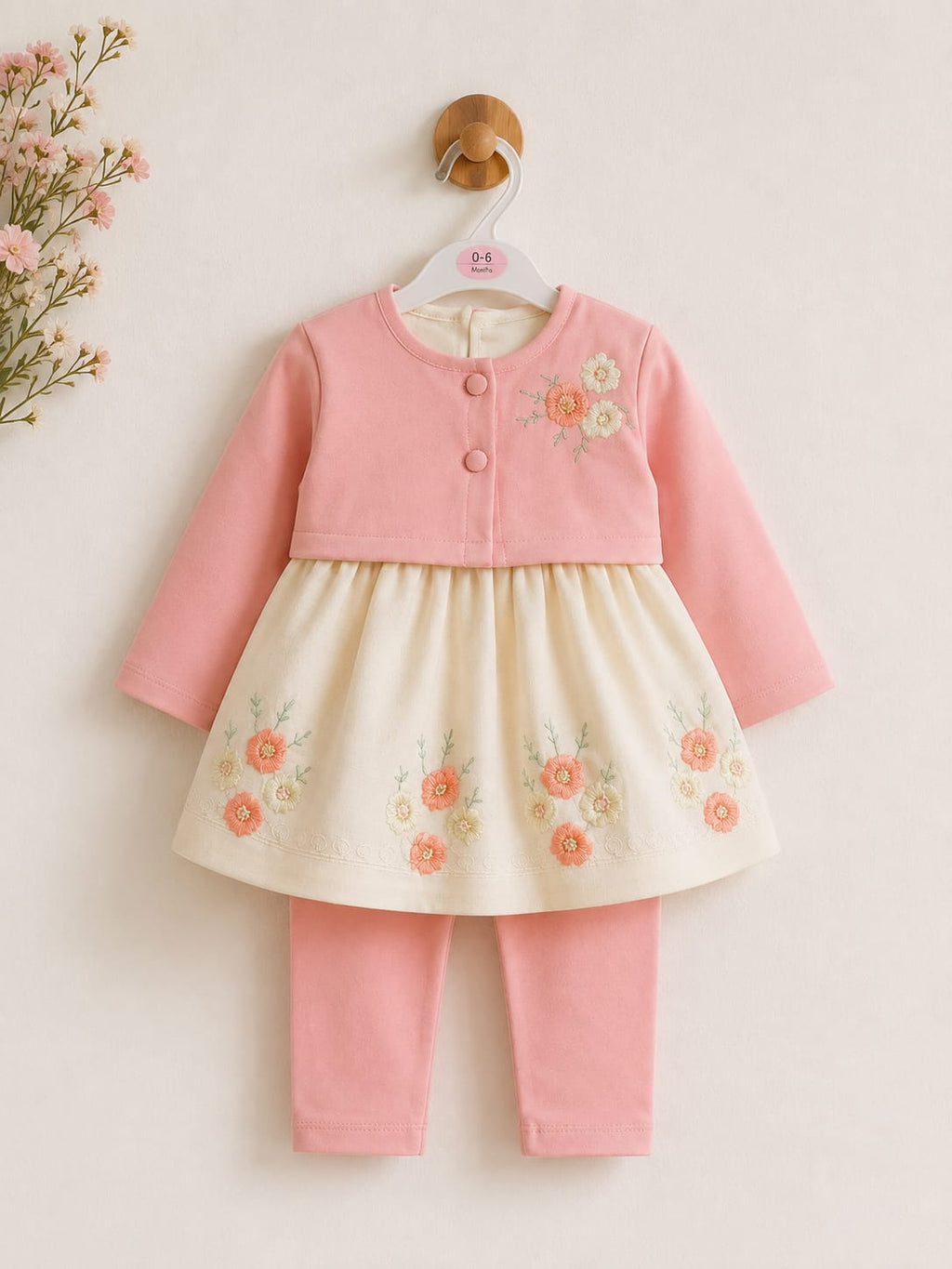 Baby Girls Pink & Cream Floral Embroidered Dress Set with Headband