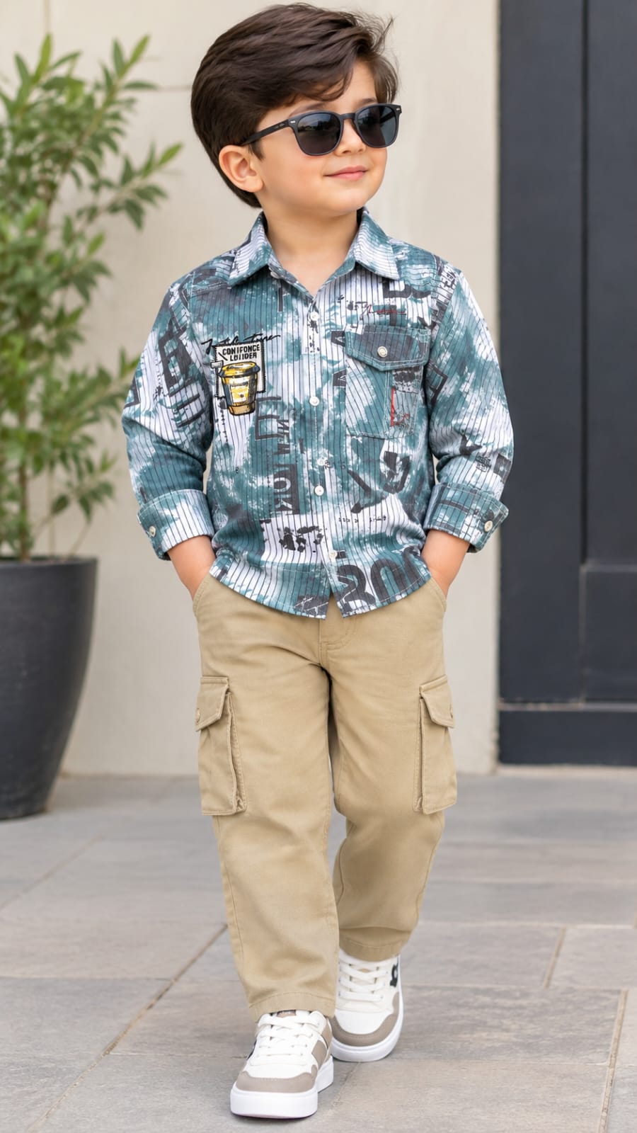 Boys Printed Casual Shirt & Beige Cargo Pants Set