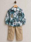 Boys Printed Casual Shirt & Beige Cargo Pants Set