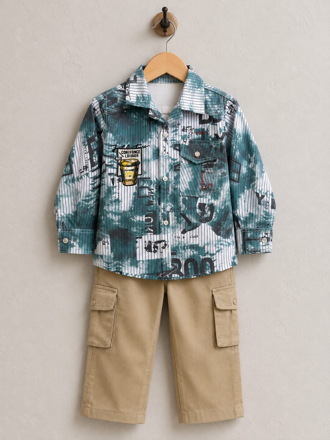 Boys Printed Casual Shirt & Beige Cargo Pants Set