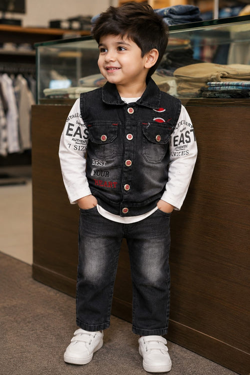 Boys Denim Style 3-Piece Outfit – Black Denim Vest, White Printed Shirt & Jeans