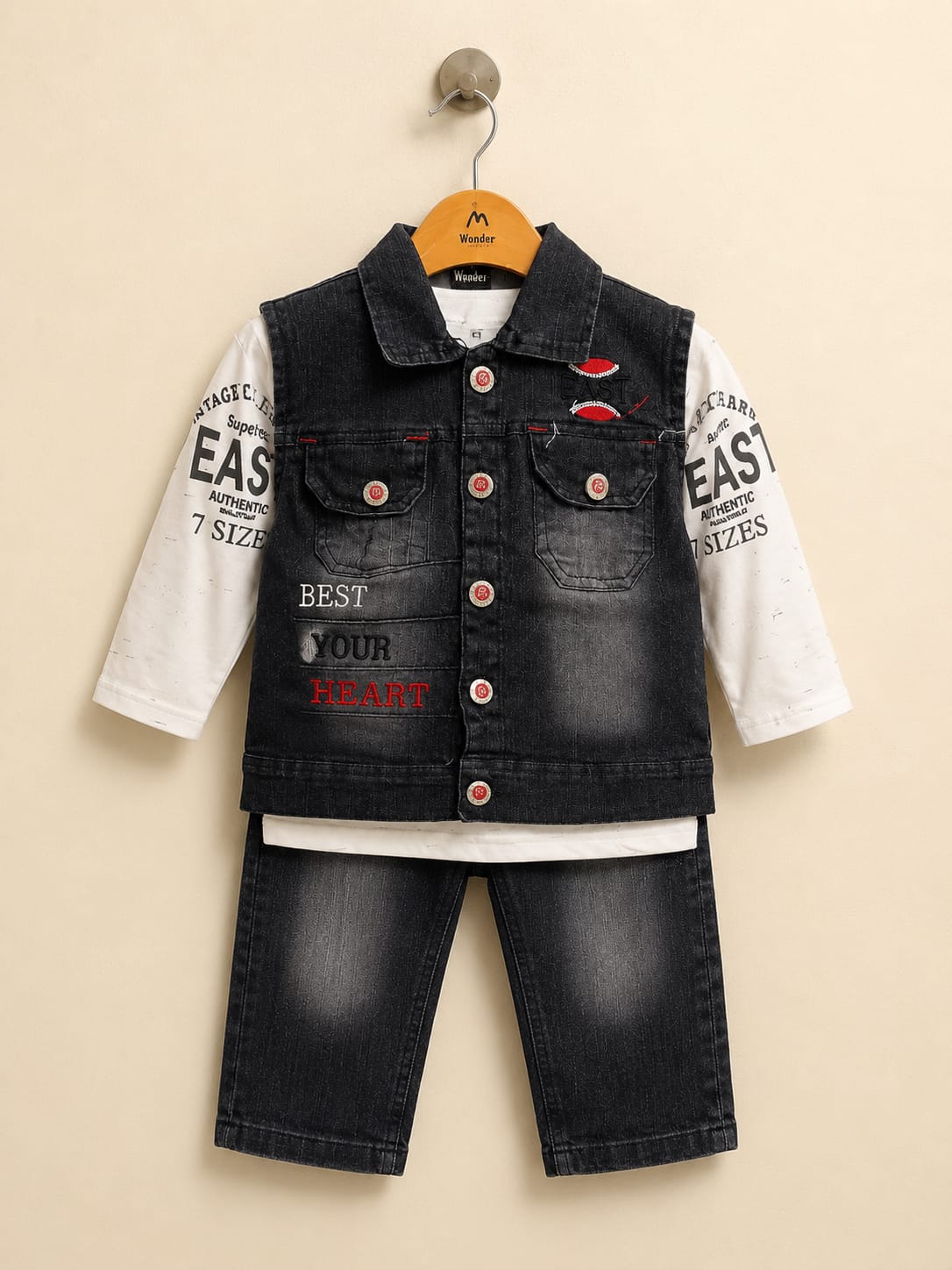 Boys Denim Style 3-Piece Outfit – Black Denim Vest, White Printed Shirt & Jeans