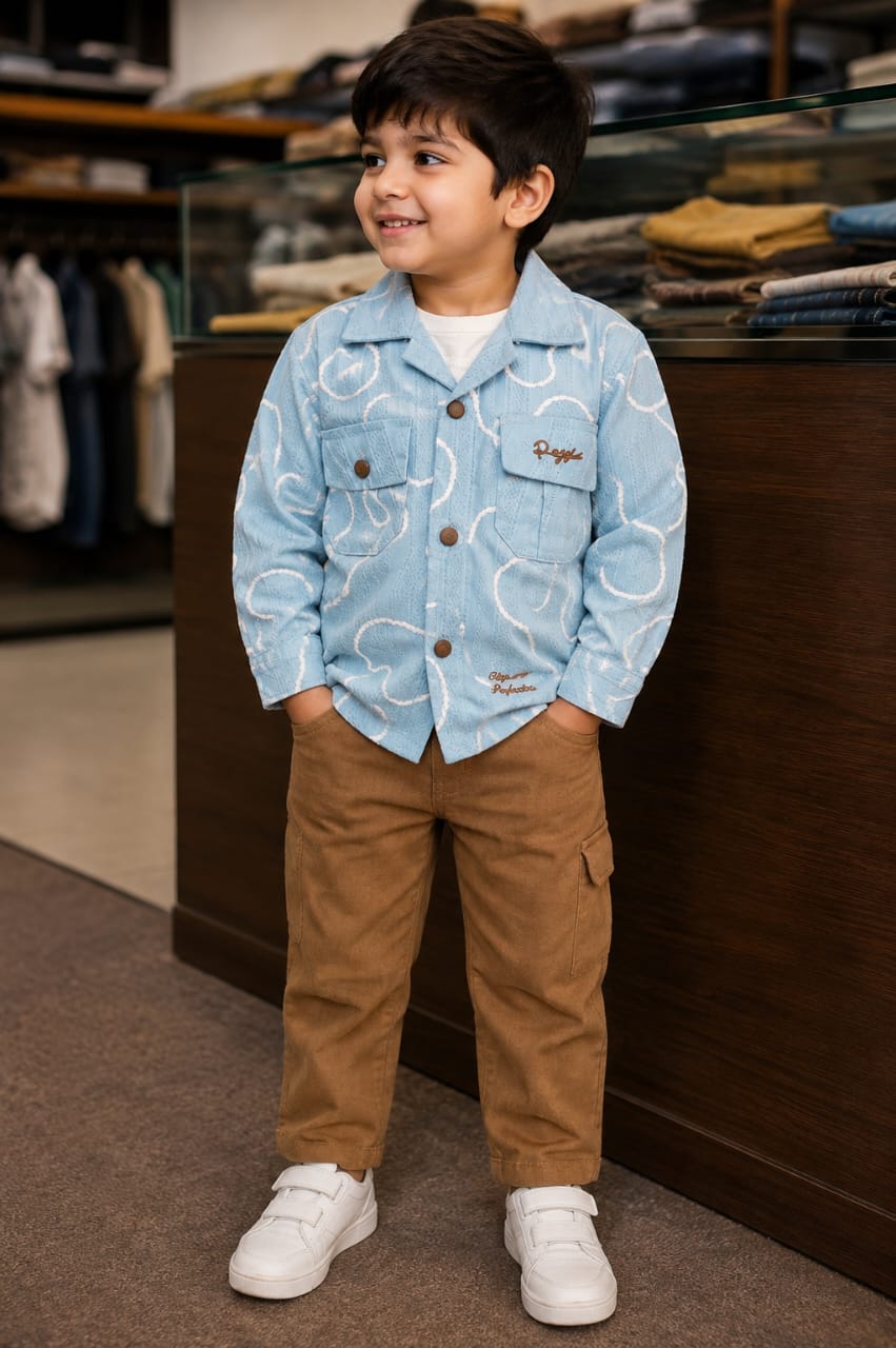 Boys Casual 3-Piece Outfit – Printed Light Blue Shirt & Brown Cargo Pants