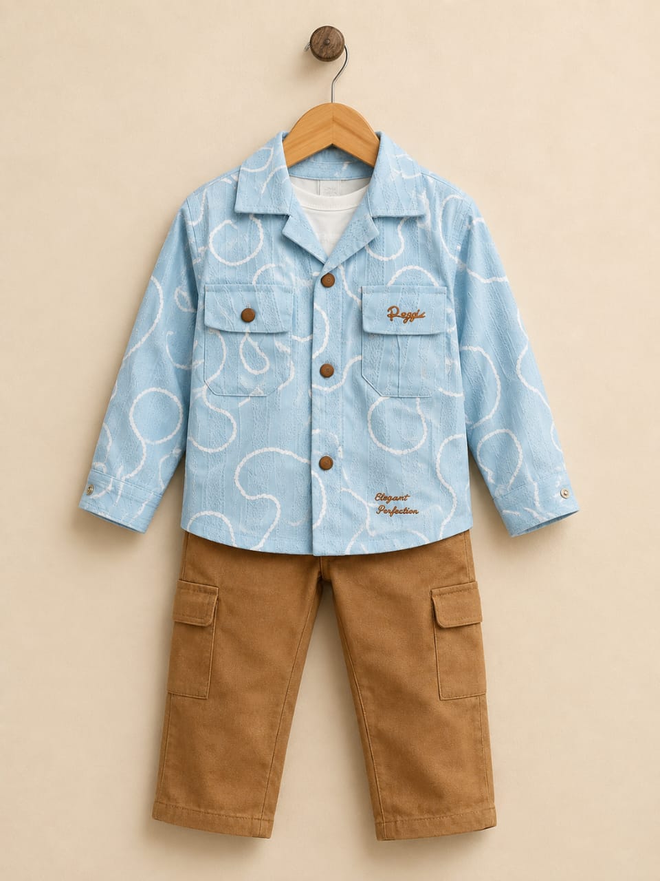 Boys Casual 3-Piece Outfit – Printed Light Blue Shirt & Brown Cargo Pants