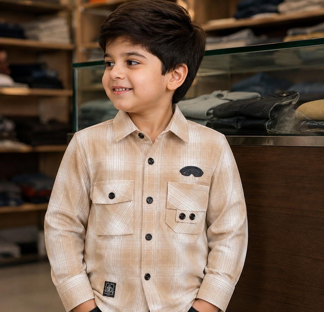 Boys Casual Check Shirt – Beige Full Sleeve Shirt with Pocket Detailing
