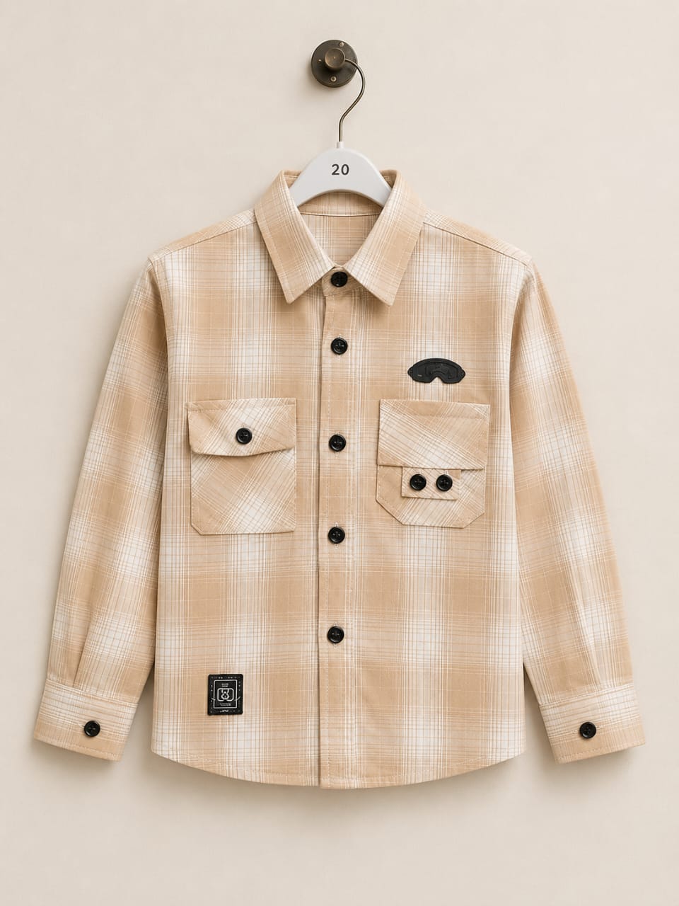 Boys Casual Check Shirt – Beige Full Sleeve Shirt with Pocket Detailing