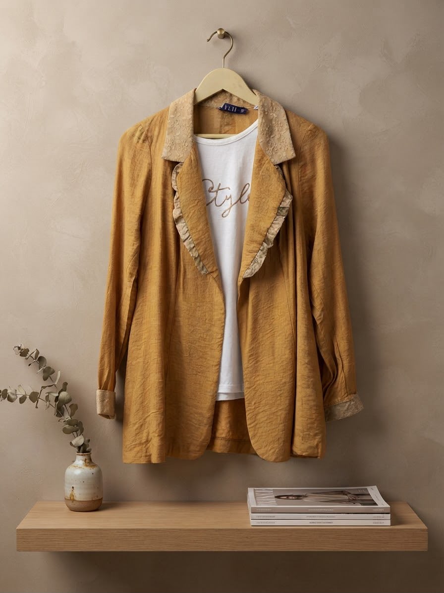 Mustard Brown Textured Blazer with Embroidered Collar