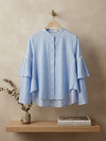 Elegant Women's Light Blue Striped Blouse with Layered Ruffle Sleeves