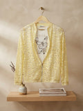 Elegant Women's Yellow Sequin Zip-Up Jacket with Printed Top