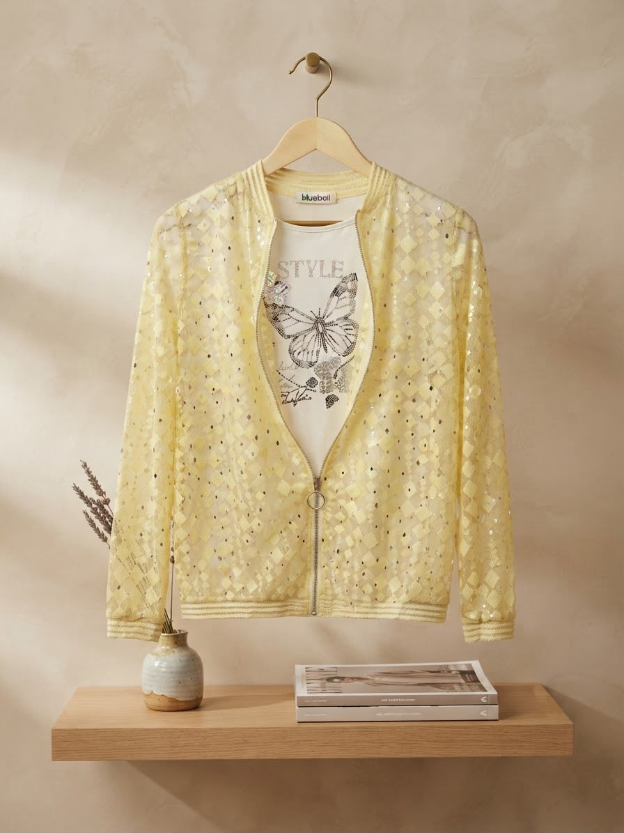 Elegant Women's Yellow Sequin Zip-Up Jacket with Printed Top