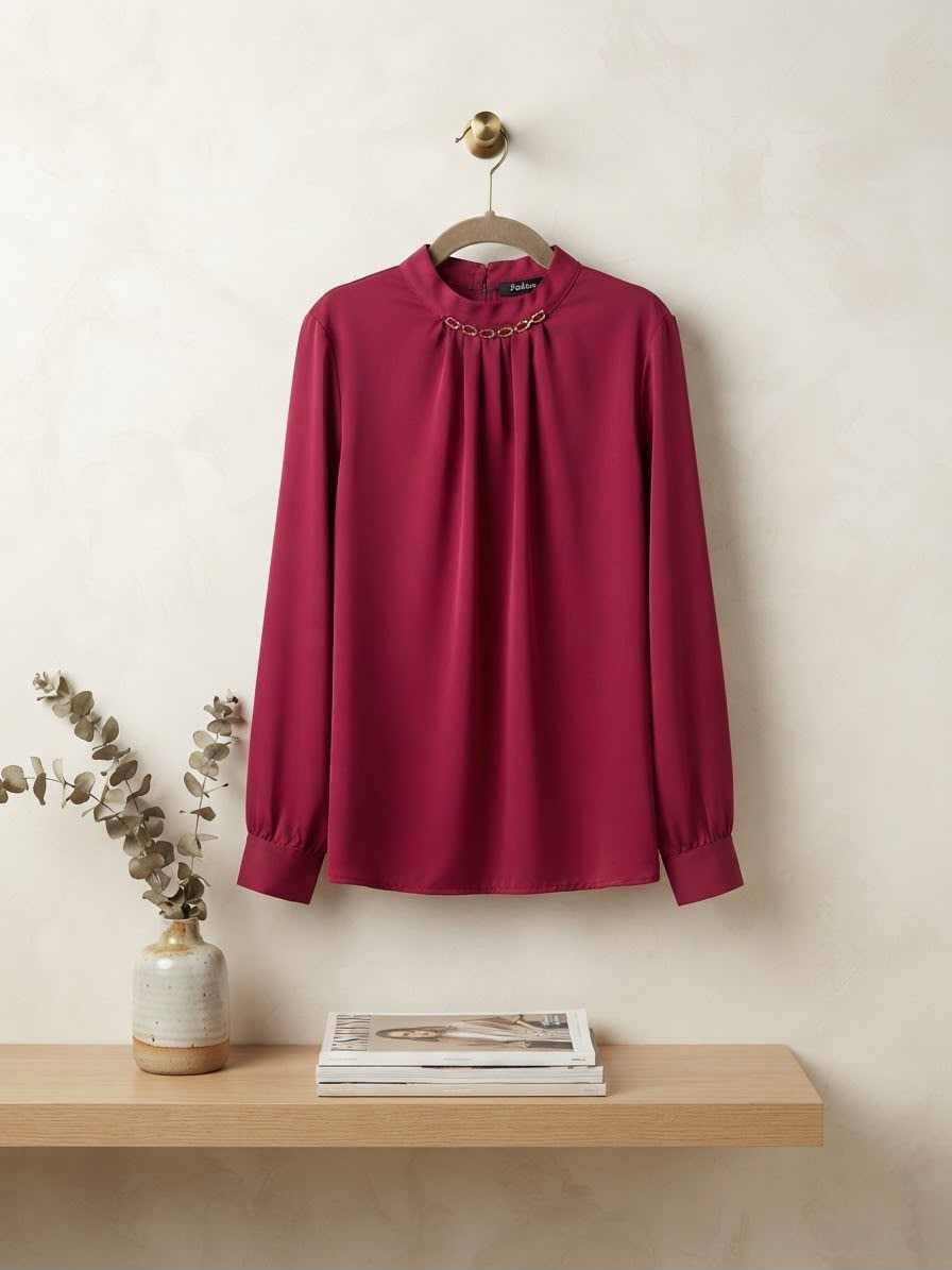 Elegant Magenta Pink Women's Long Sleeve Blouse with Gold Chain Neck Detail